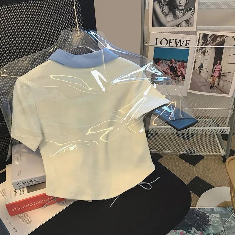 高档不规则绑带Polo领针织t恤女2023夏季设计感短款甜酷辣妹上衣