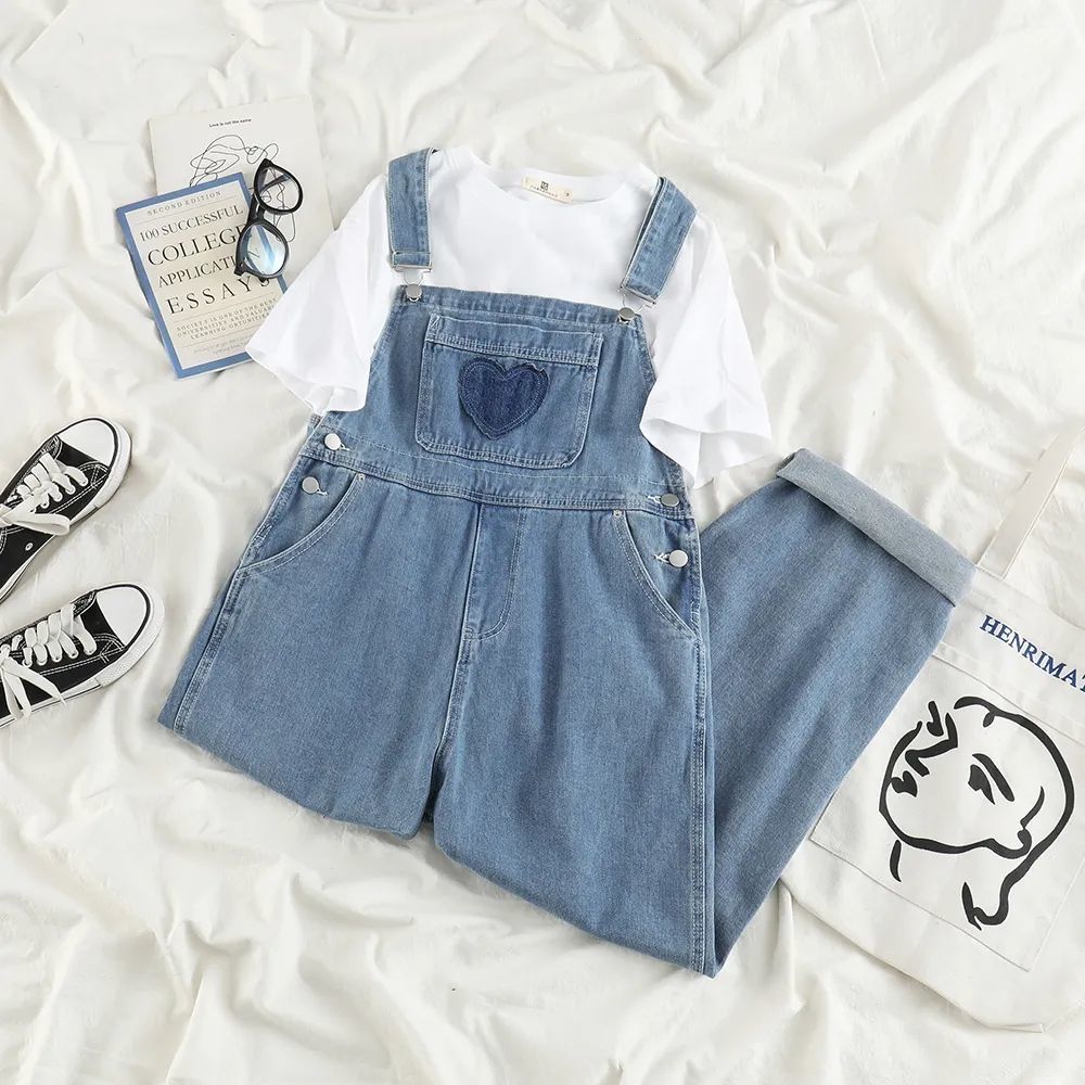 Summer new design sense embroidered love denim overalls women's high waist loose slim fried street ins straight pants