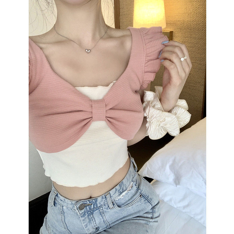 拼色假兩件上衣女夏季甜辣風性感短款露臍短袖設計感小眾緊身t恤