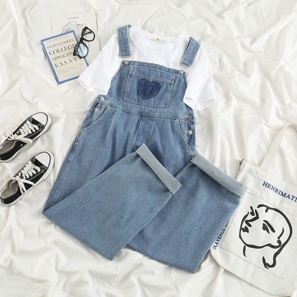 Summer new design sense embroidered love denim overalls women's high waist loose slim fried street ins straight pants