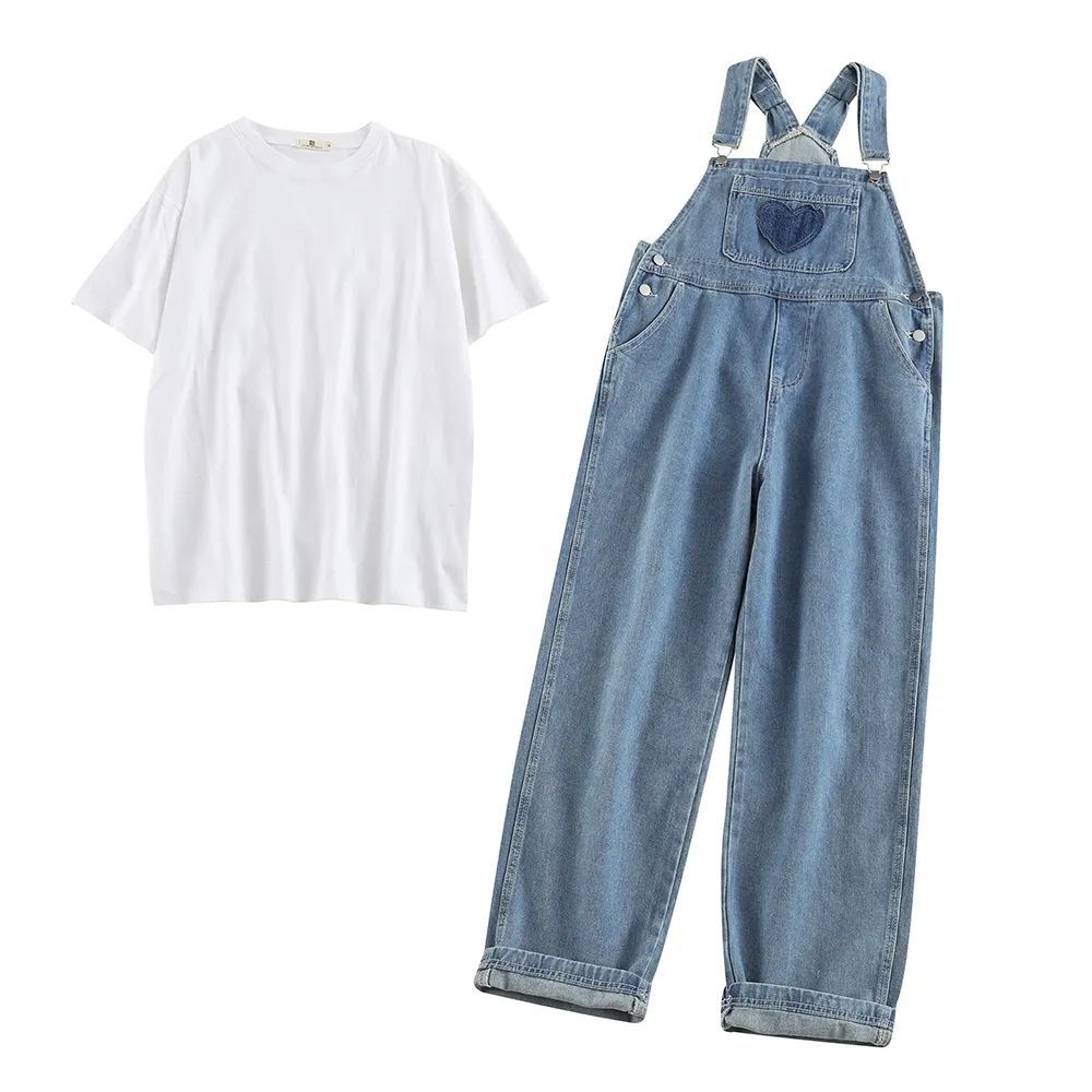 Summer new design sense embroidered love denim overalls women's high waist loose slim fried street ins straight pants