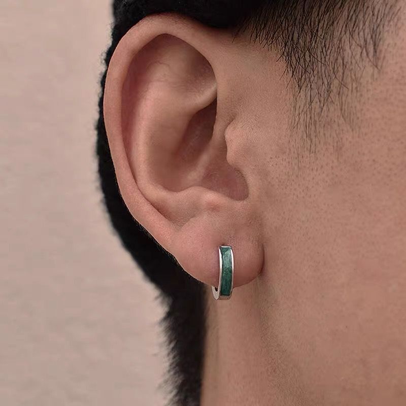 S925纯银绿纹耳环男新款潮男生单只耳钉高级感小众嘻哈耳圈