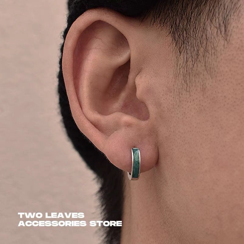 S925纯银绿纹耳环男新款潮男生单只耳钉高级感小众嘻哈耳圈