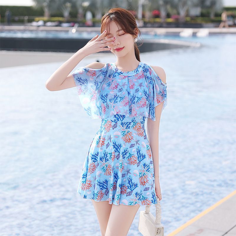泳衣女夏季2023年新款微胖女孩保守連體游泳衣女遮肚顯瘦裙式泳裝