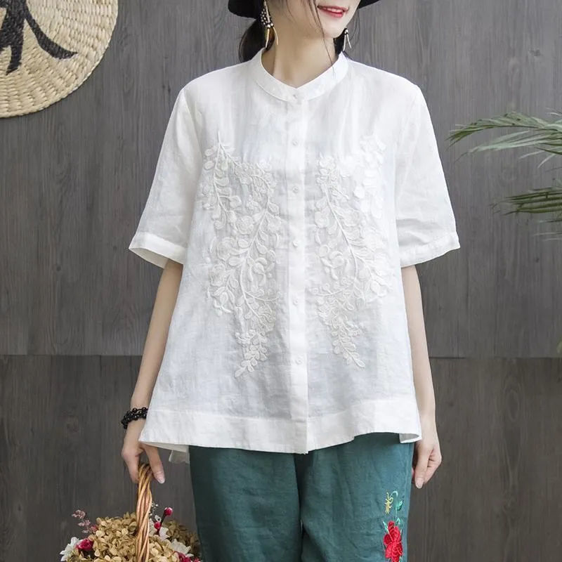 Pure cotton shirt stand-up collar top  literary embroidery loose slimming large size short-sleeved shirt women's imitation linen shirt