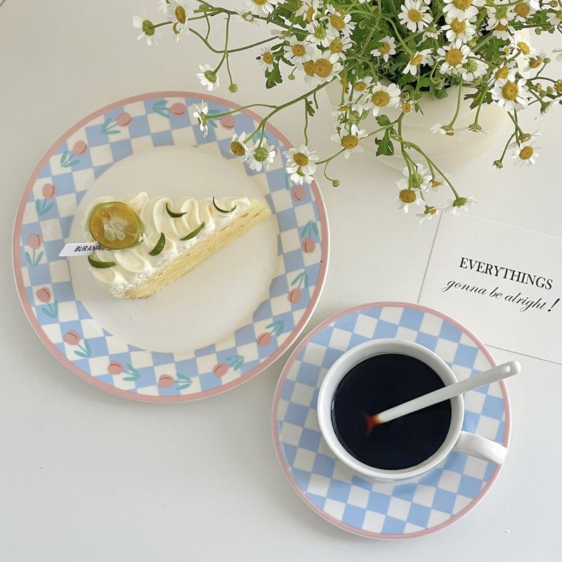 棋盘格杯碟ins韩风小众设计款郁金香陶瓷咖啡杯下午茶套装高颜值
