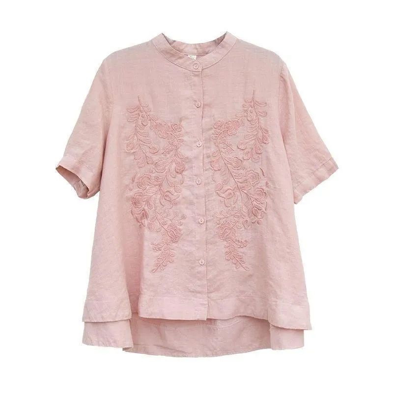 Pure cotton shirt stand-up collar top  literary embroidery loose slimming large size short-sleeved shirt women's imitation linen shirt