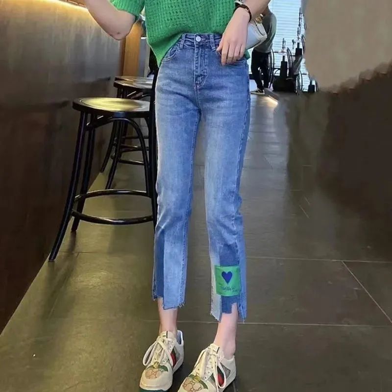 春秋新款彈力九分高腰直筒牛仔褲女修身顯瘦愛心貼布百搭八分褲子