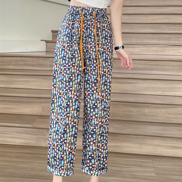 Printed straight wide-leg pants women's summer thin section loose nine-point mosquito-proof pants high waist slim casual cool pants trendy
