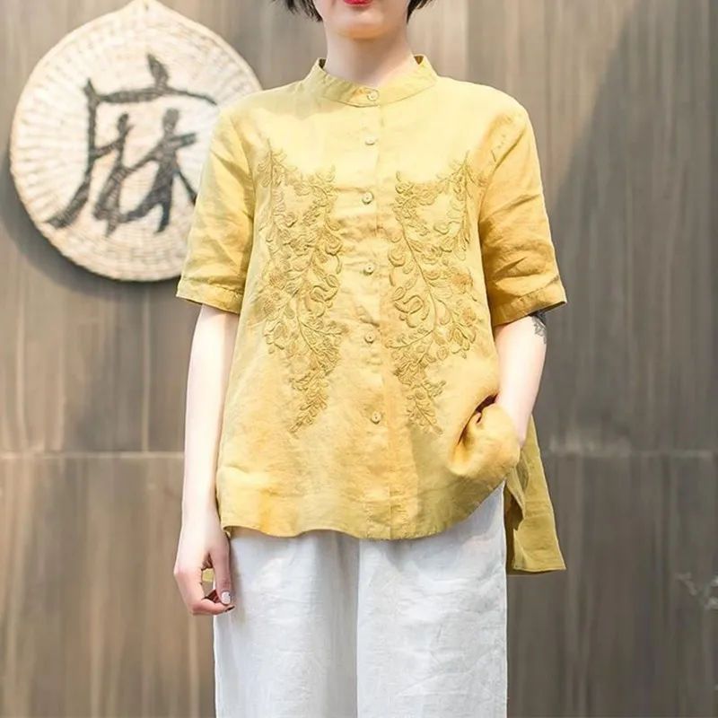 Pure cotton shirt stand-up collar top  literary embroidery loose slimming large size short-sleeved shirt women's imitation linen shirt