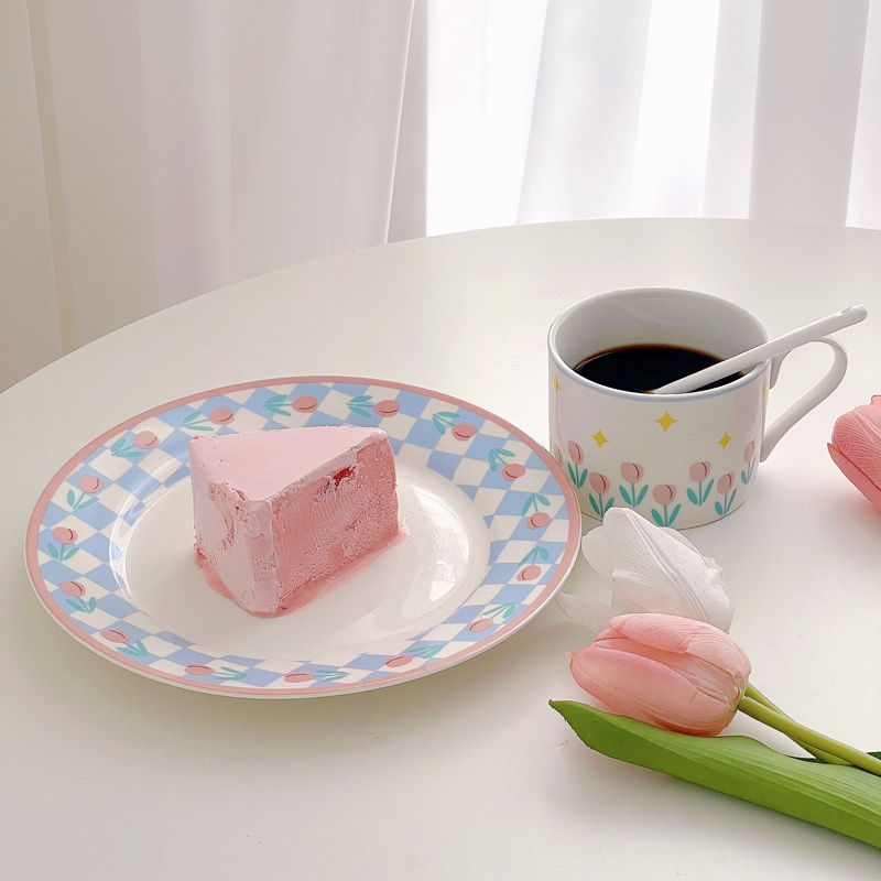 棋盘格杯碟ins韩风小众设计款郁金香陶瓷咖啡杯下午茶套装高颜值
