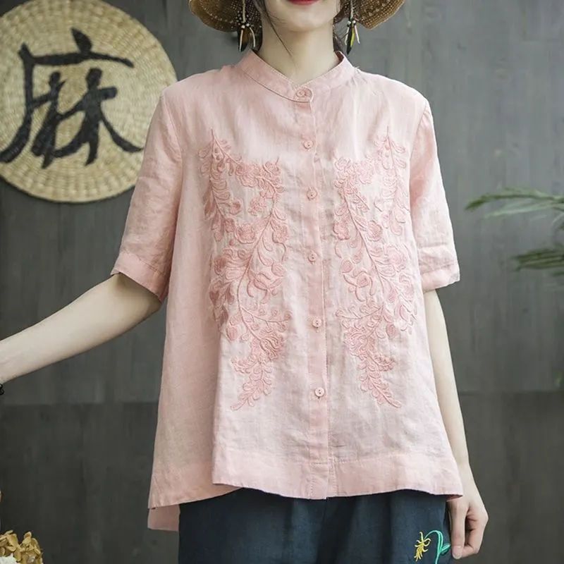 Pure cotton shirt stand-up collar top  literary embroidery loose slimming large size short-sleeved shirt women's imitation linen shirt