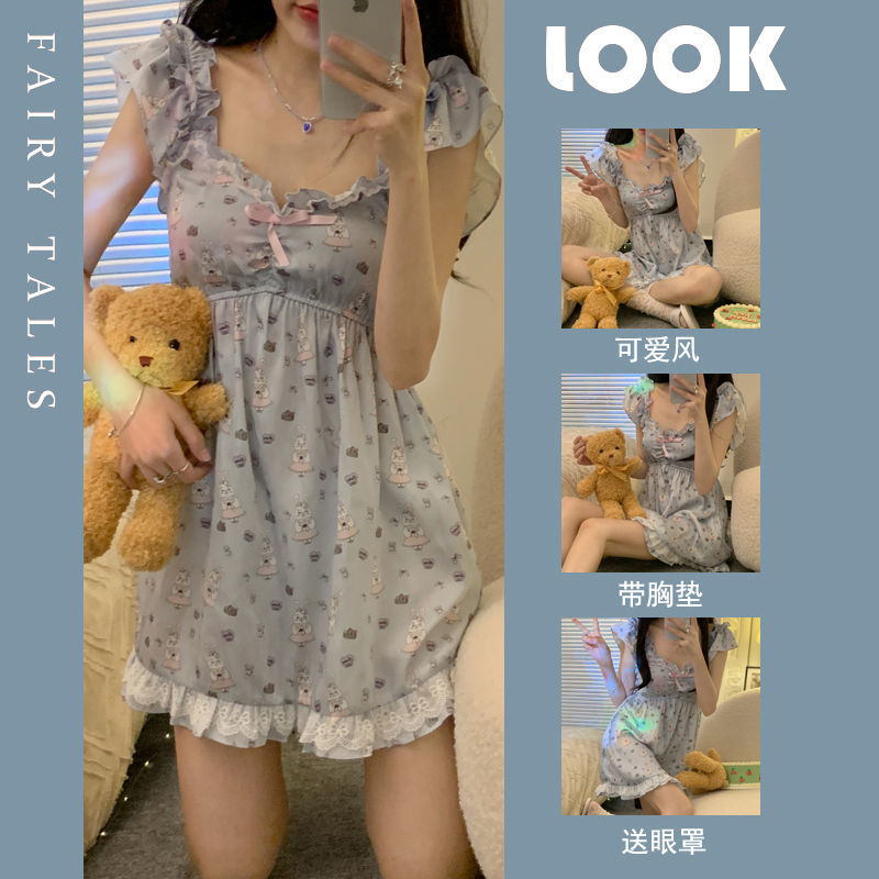 Summer girl suspender nightdress Japanese cute bunny print sleeveless pajamas sweet princess style comfortable home service
