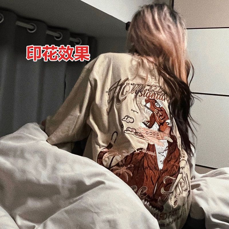 2022夏季新款街頭嘻哈復古重工老虎印花塗鴉圓領情侶短袖T恤男女