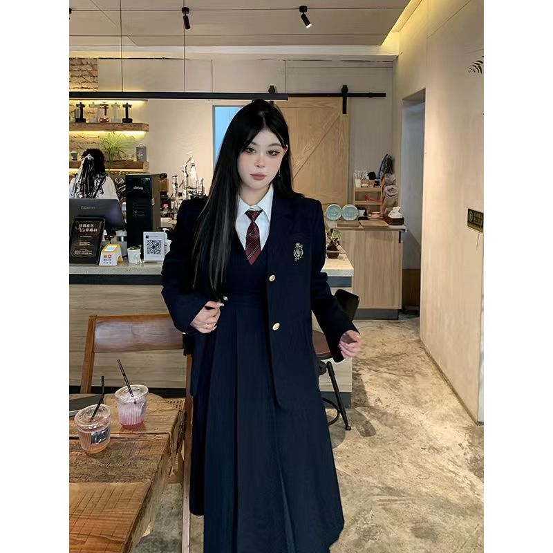 Large size new college style white shirt + thin suit jacket + high waist pleated vest dress three-piece set