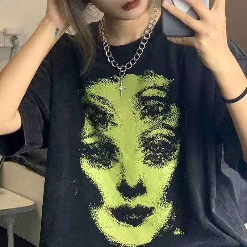 Street trendy brand short-sleeved women's pure cotton 2022 new bf style t-shirt American printing student loose couple tops