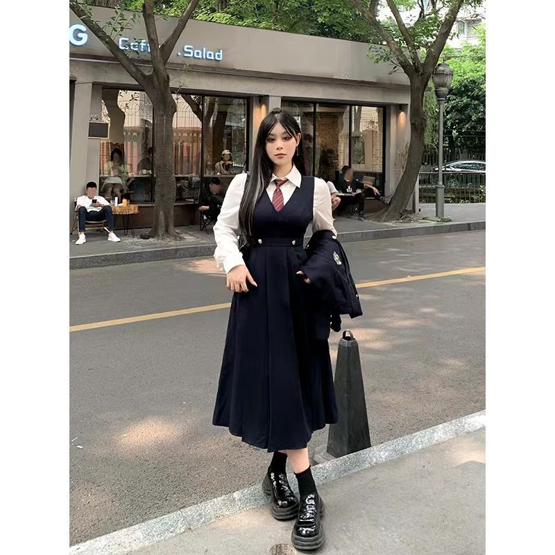Large size new college style white shirt + thin suit jacket + high waist pleated vest dress three-piece set