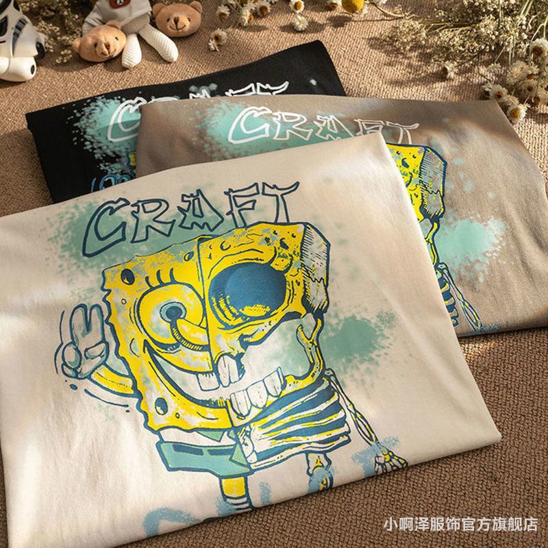 海綿寶寶100%純棉短袖t恤男女復古寬鬆百搭ins潮流情侶裝夏季上衣