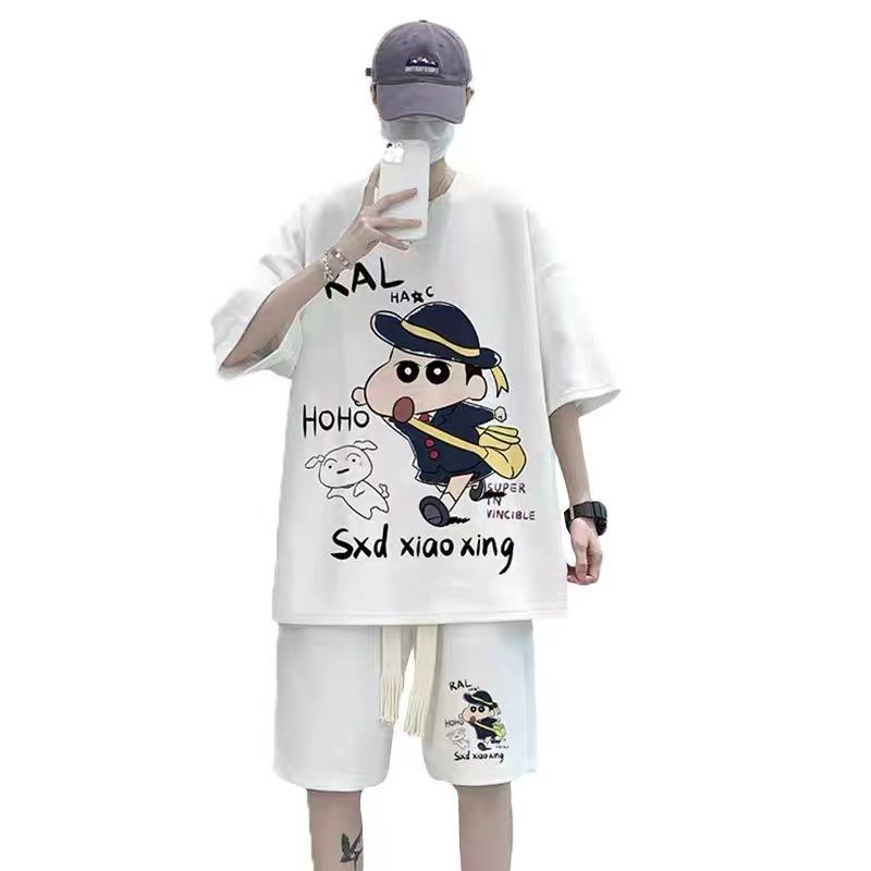 Ins waffle sports suit men's summer 2022 new casual suit men's five-quarter sleeves loose trend