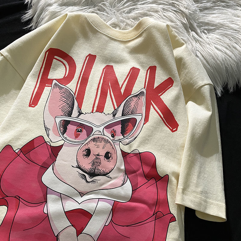 vintage重磅纯棉短袖T恤男夏季设计感小众可爱猪半袖体恤宽松上衣
