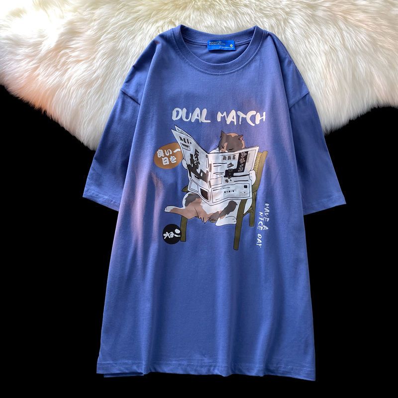 100% cotton summer Japanese retro cartoon cat short-sleeved t-shirt men's loose Korean version lazy wind half-sleeved top