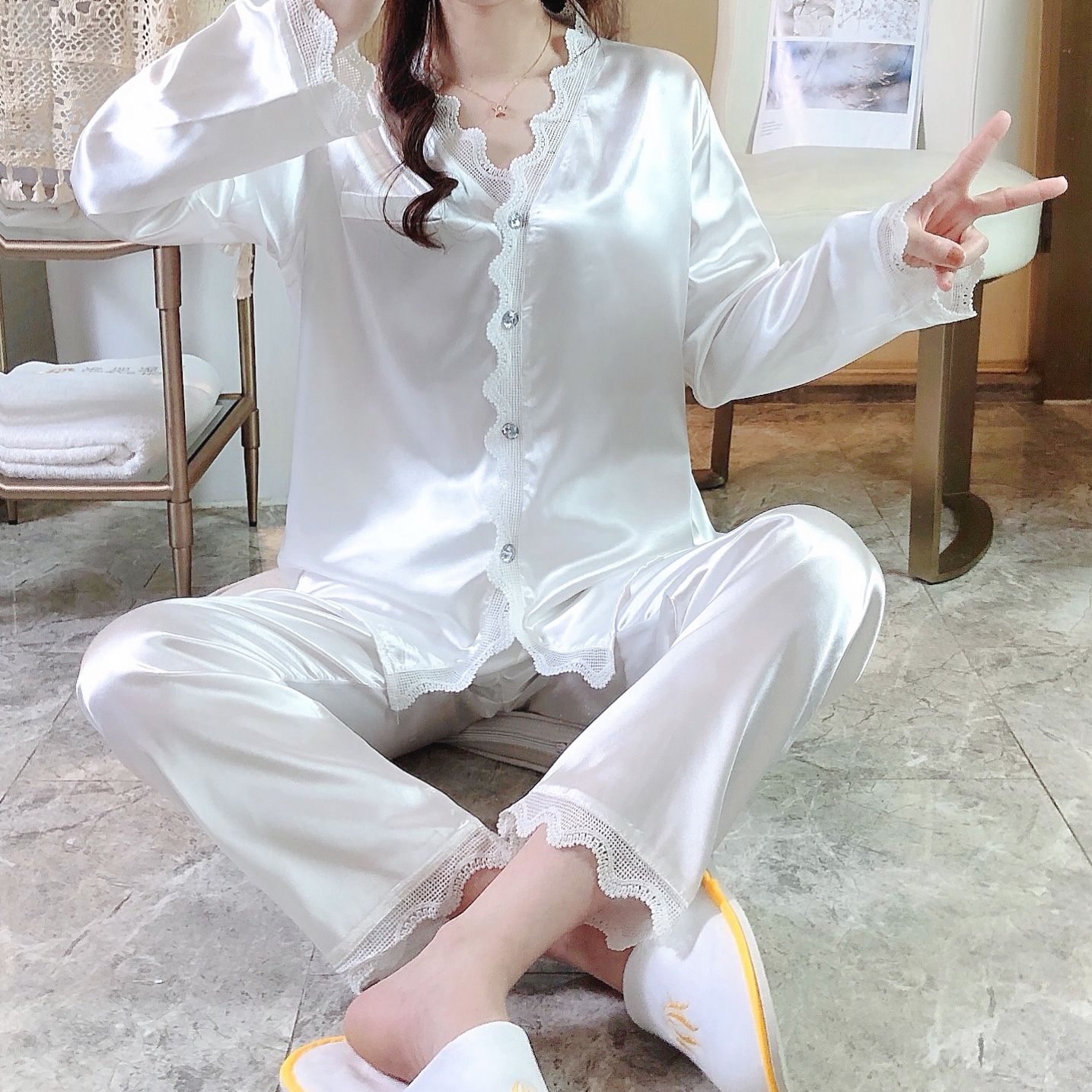 冰絲睡衣女春秋季薄款蕾絲花邊冷淡風長袖v領絲綢夏季套裝家居服