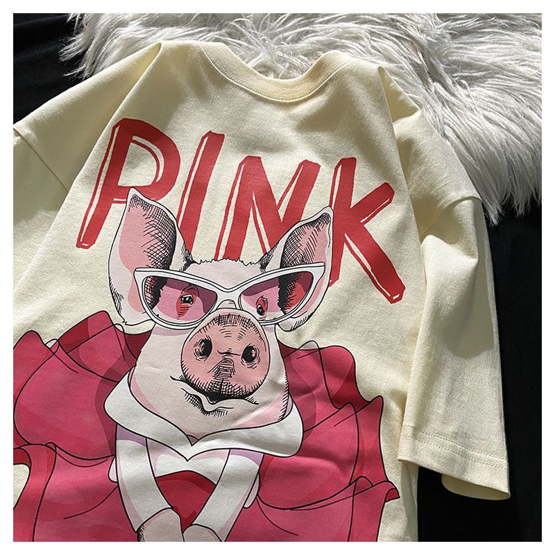 vintage重磅纯棉短袖T恤男夏季设计感小众可爱猪半袖体恤宽松上衣