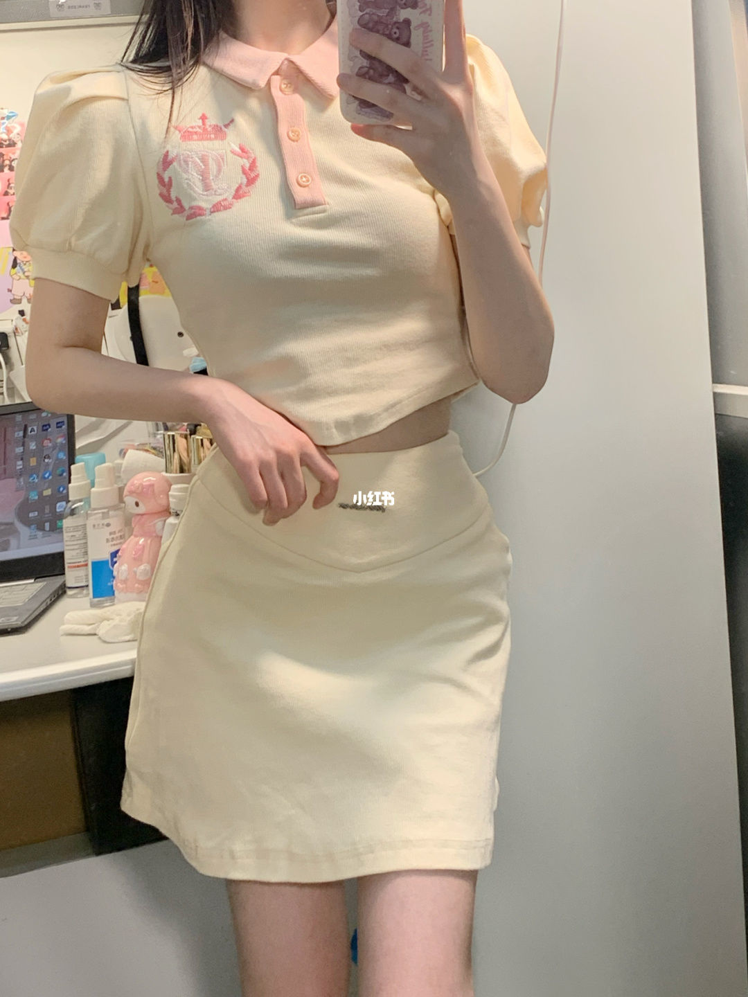 [Two-piece set] ins summer puff sleeve polo collar navel short sleeve + high waist A-line skirt pure desire suit female
