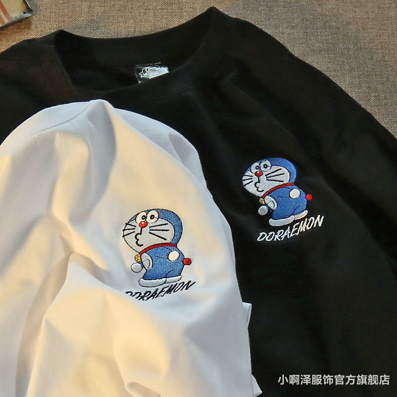 100%純棉T恤卡通哆啦A夢短袖情侶衣服男女裝T恤夏季情侶裝INS短袖