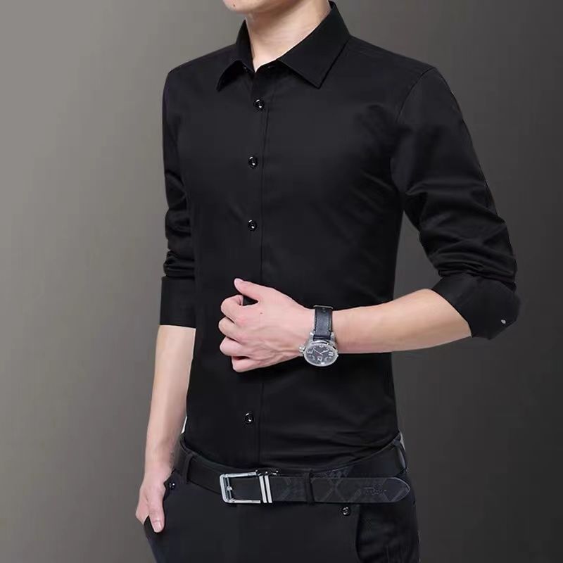 Spring and autumn solid color long-sleeved shirt men's white black thin section business self-cultivation casual inner shirt shirt men's clothing