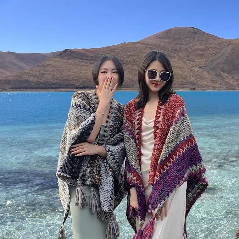 拍照超上鏡~民族風新疆青海旅遊斗篷披肩復古圍巾女西藏草原披風