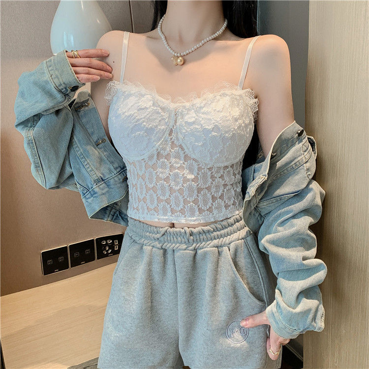 French lace white small camisole women's outerwear summer belt chest pad bra integrated beautiful back inner bottoming top
