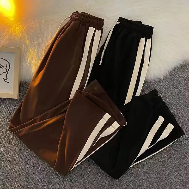 Side webbing casual pants men's ins Hong Kong style summer thin section straight pants trendy brand all-match female student wide-leg pants