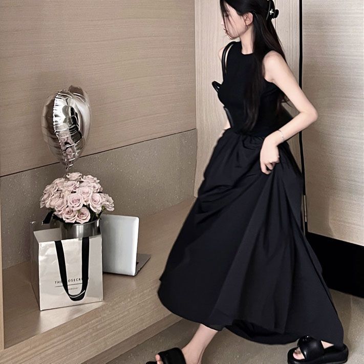 Black sleeveless vest dress fairy summer French Hepburn style simple temperament high-end mid-length skirt