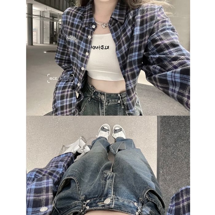 Three-piece suit/single-piece sweet and cool design purple plaid Polo collar shirt + camisole + denim trousers