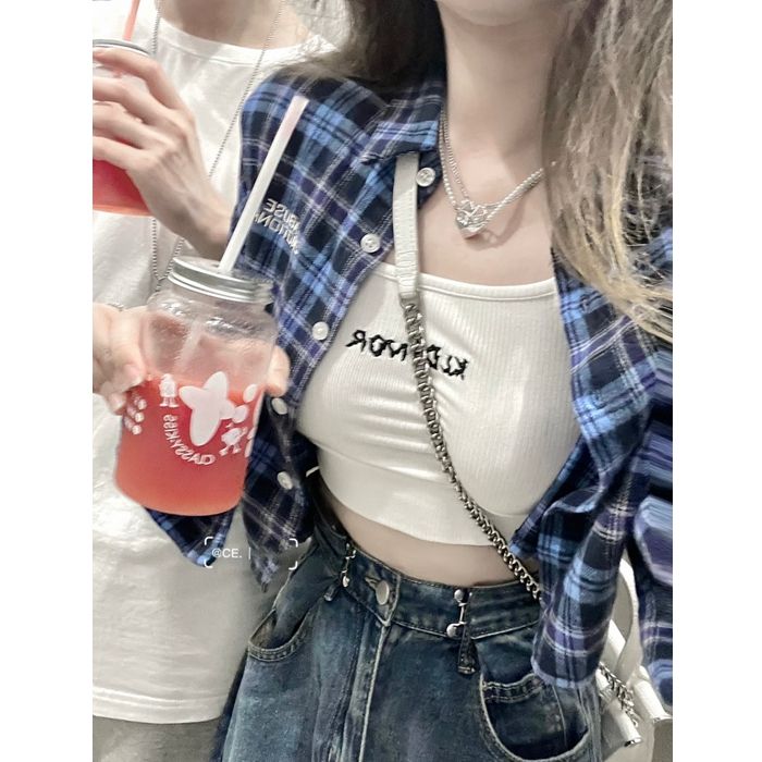 Three-piece suit/single-piece sweet and cool design purple plaid Polo collar shirt + camisole + denim trousers