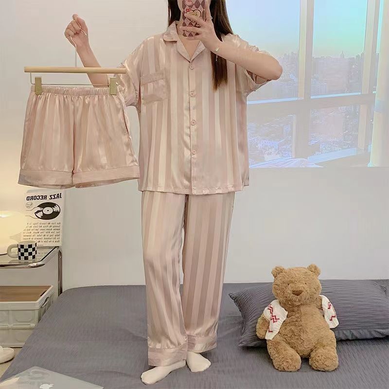 [Three-piece set] Ice silk pajamas women's spring and summer sweet short-sleeved thin section can be worn outside student home service suit