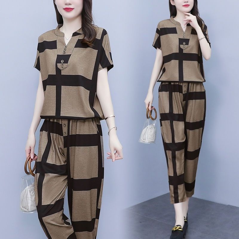 2022夏季新款媽媽裝減齡時尚休閒套裝大碼寬鬆胖mm哈倫風兩件套女