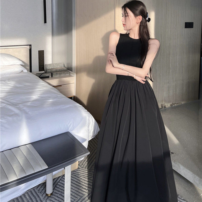 Black sleeveless vest dress fairy summer French Hepburn style simple temperament high-end mid-length skirt