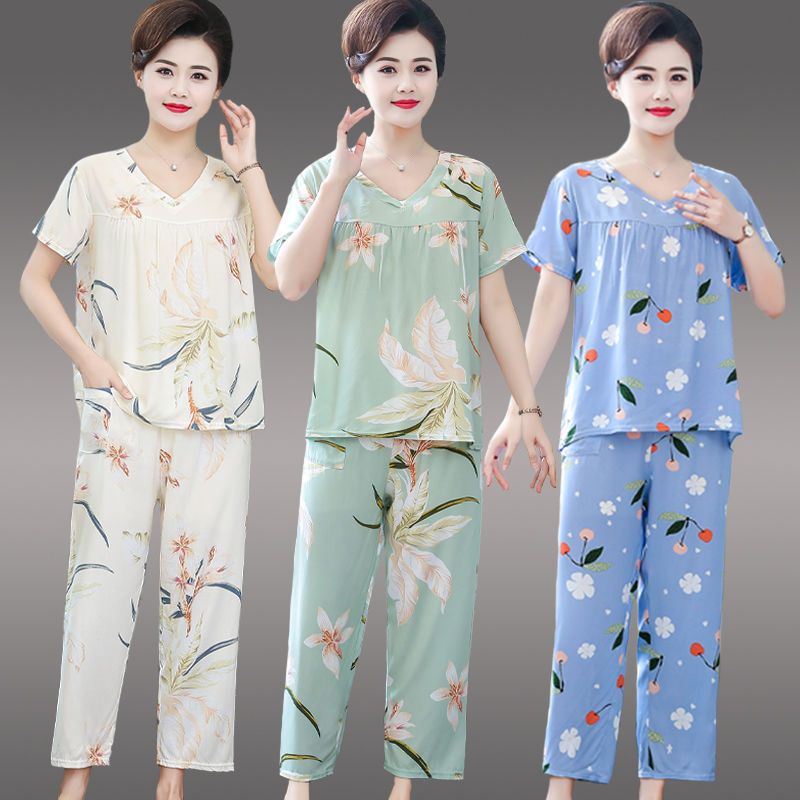 Cotton silk pajamas women's summer middle-aged large size thin section home service two-piece set mother artificial cotton short-sleeved trousers suit