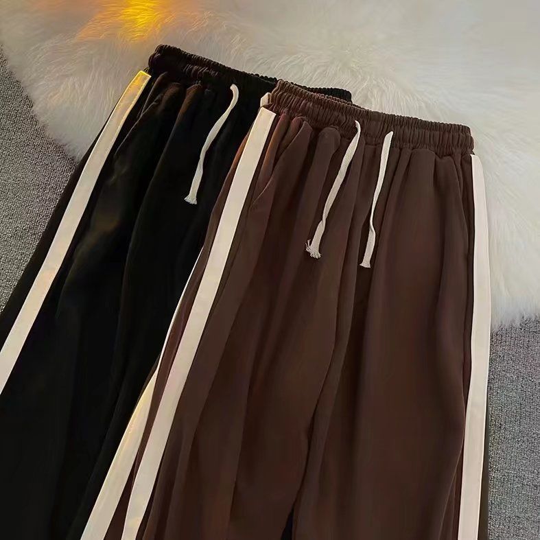 Side webbing casual pants men's ins Hong Kong style summer thin section straight pants trendy brand all-match female student wide-leg pants