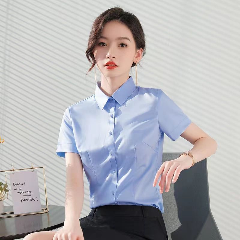 職業白襯衫女短袖2022夏季新款氣質工裝工作服面試上衣正裝藍襯衣
