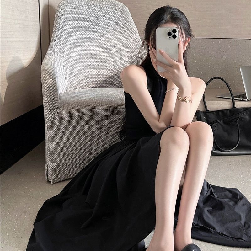 Black sleeveless vest dress fairy summer French Hepburn style simple temperament high-end mid-length skirt