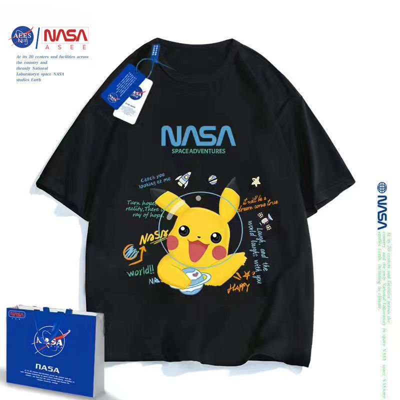 NASAAES joint cotton cartoon Pikachu short-sleeved parent-child outfit boys and girls Klein blue T-shirt half-sleeved top