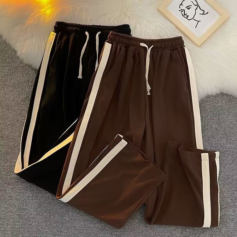 Ribbon splicing sweatpants women's high street drape loose casual nine-point pants youth male couple basketball sports pants trendy