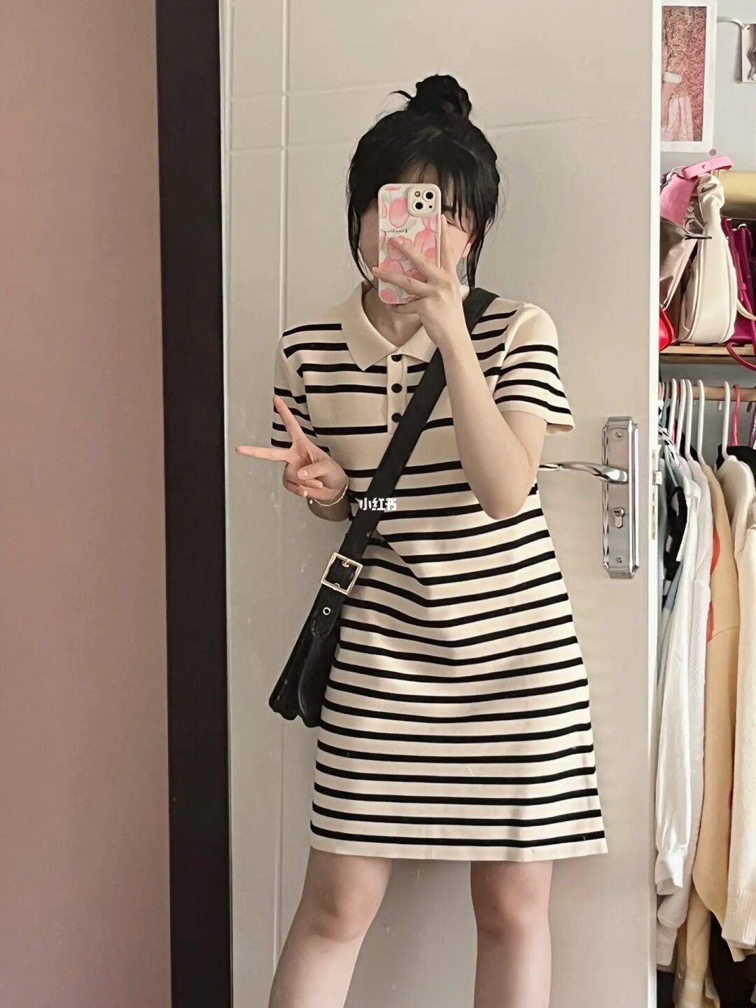 甜美條紋polo領t恤短裙女夏季收腰顯瘦包臀遮胯小個子別致連衣裙