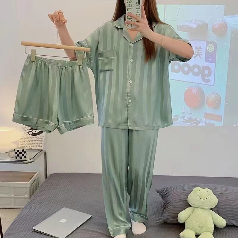 [Three-piece set] Ice silk pajamas women's spring and summer sweet short-sleeved thin section can be worn outside student home service suit