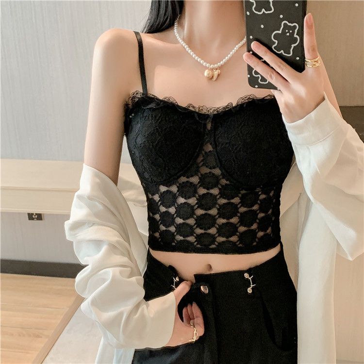 French lace white small camisole women's outerwear summer belt chest pad bra integrated beautiful back inner bottoming top
