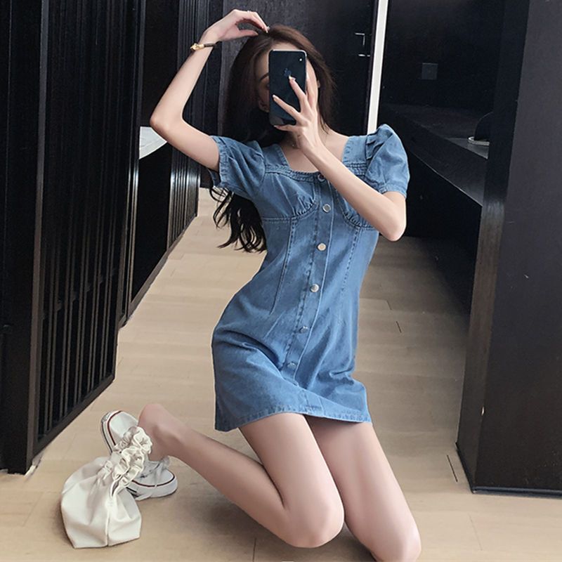 減齡氣質泡泡袖牛仔連衣裙女2022夏季新款大碼胖mm收腹顯瘦短裙子