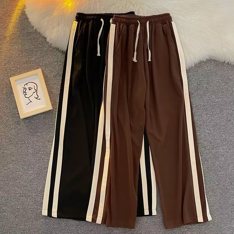 Side webbing casual pants men's ins Hong Kong style summer thin section straight pants trendy brand all-match female student wide-leg pants